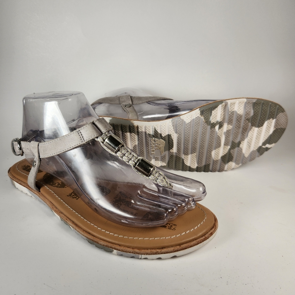 SOREL Women's Ella Sandal Size 7 Gray Leather Studded T-Strap Comfort Shoe